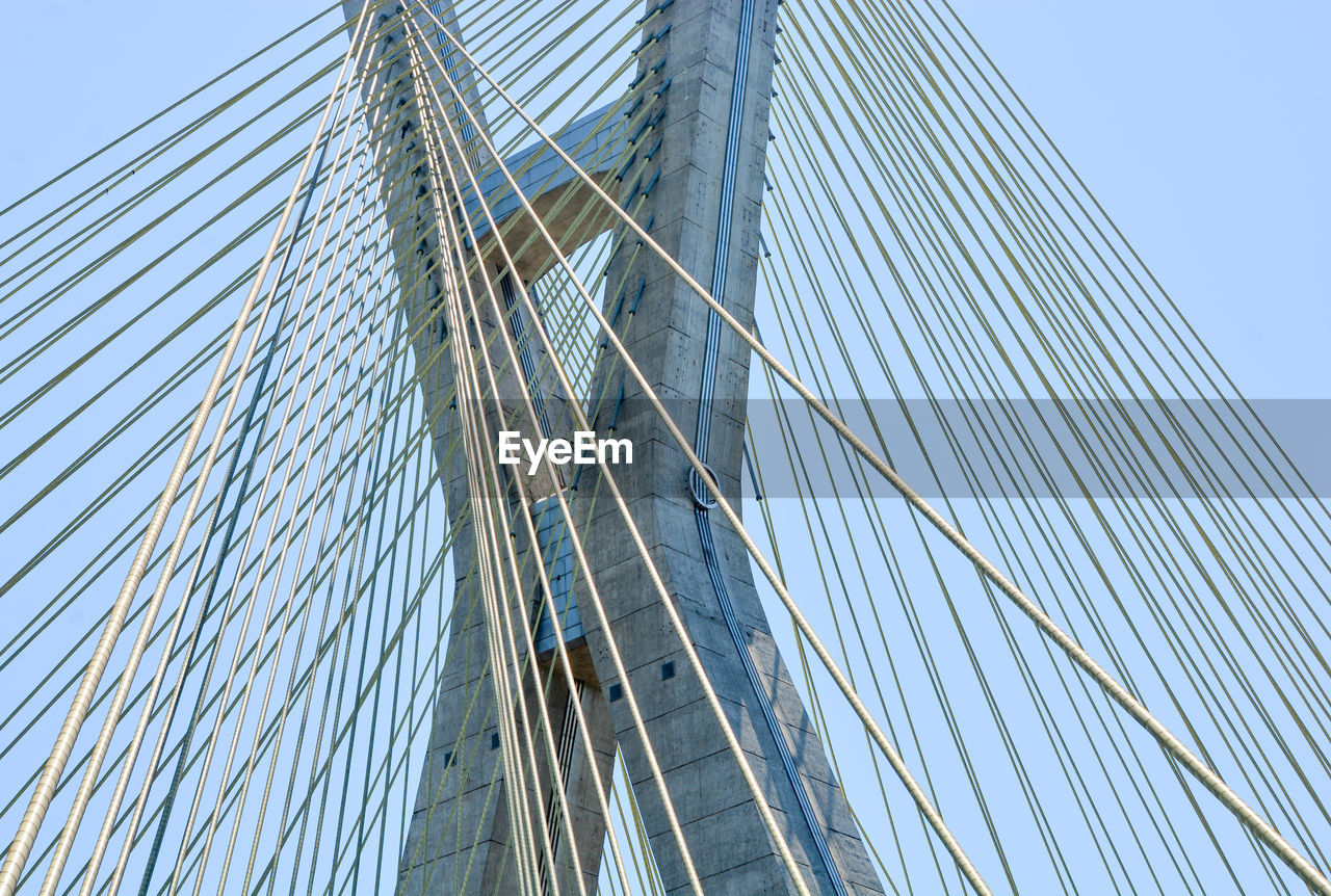 Low angle view of suspension bridge against clear sky