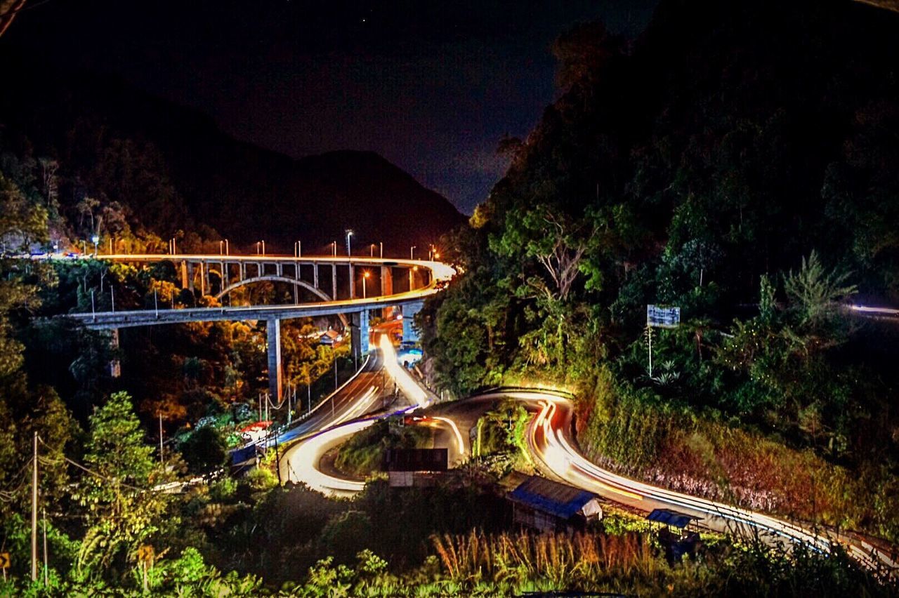 High angle view of light trails amidst trees at night