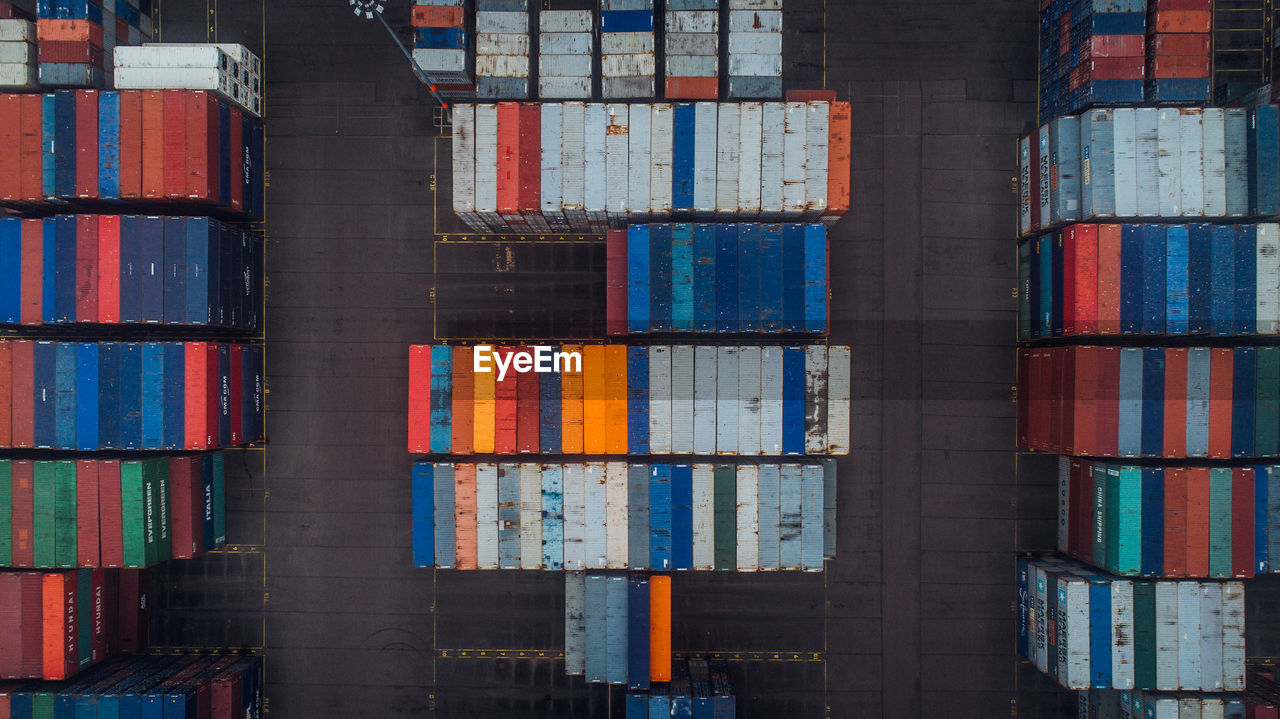 High angle view of cargo containers at warehouse