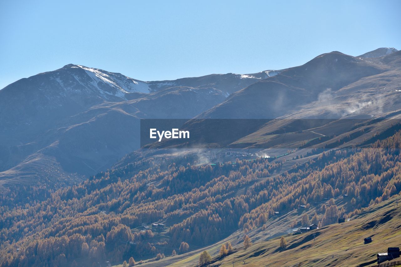 Scenic view of snowcapped mountains against clear sky