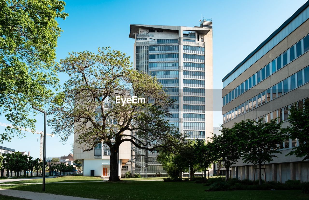 Low angle view of buildings against clear sky