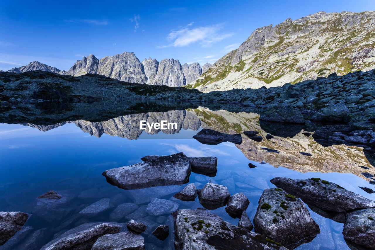 Scenic view of lake and mountains against blue sky