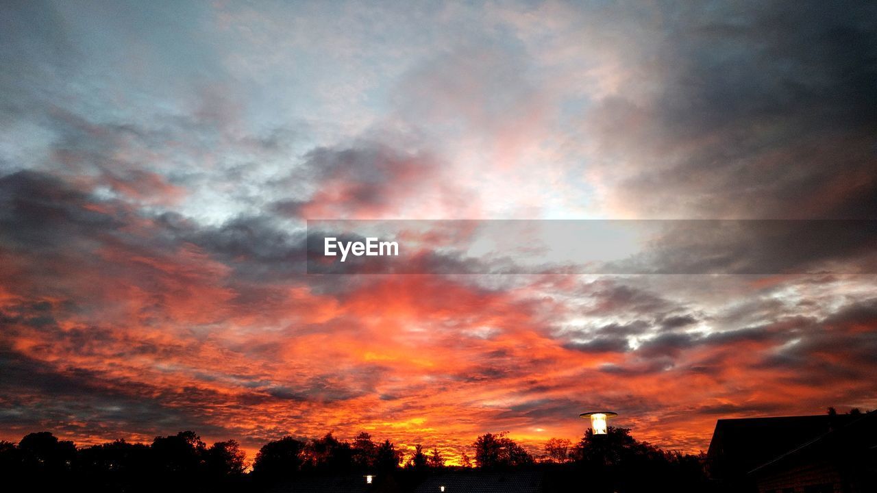 Silhouette trees against dramatic sky during sunset