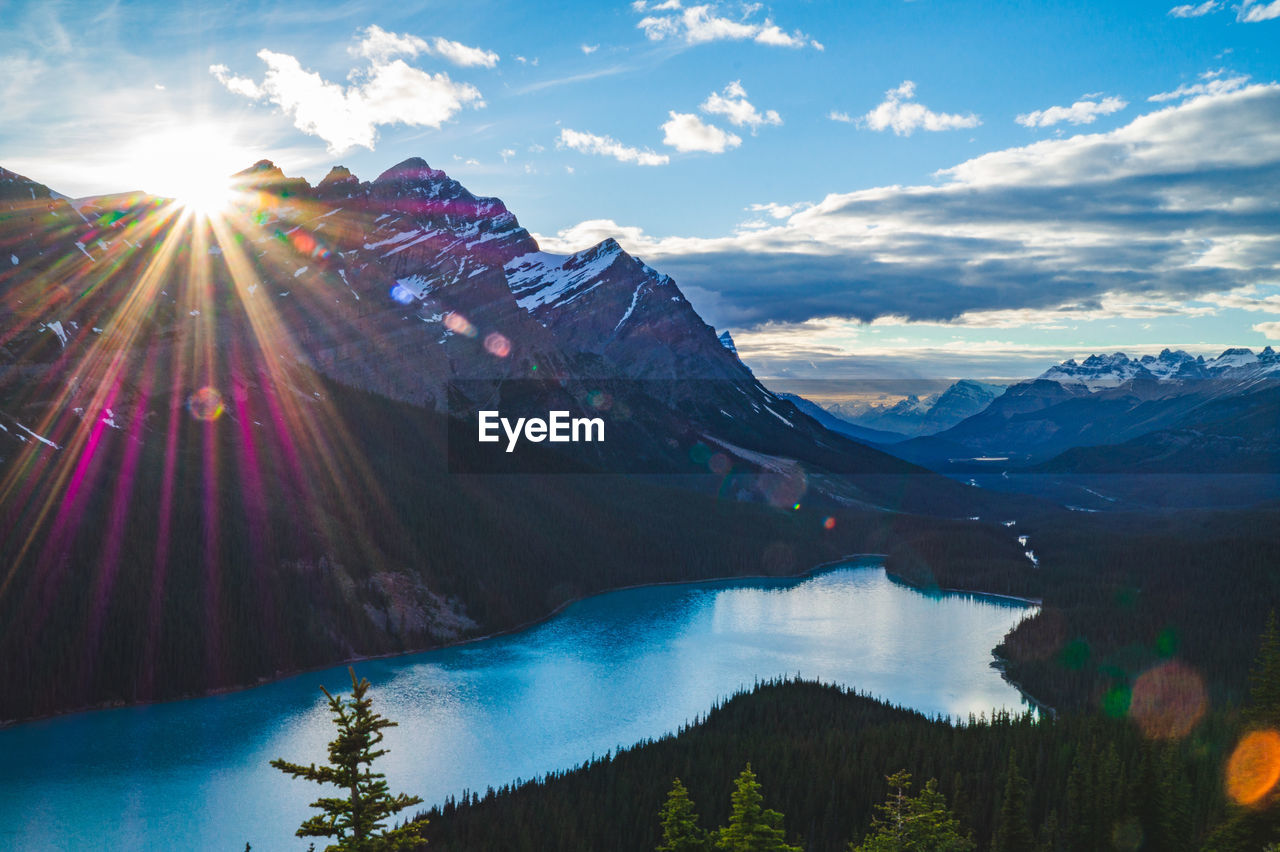 PANORAMIC VIEW OF LAKE AND MOUNTAINS AGAINST SKY