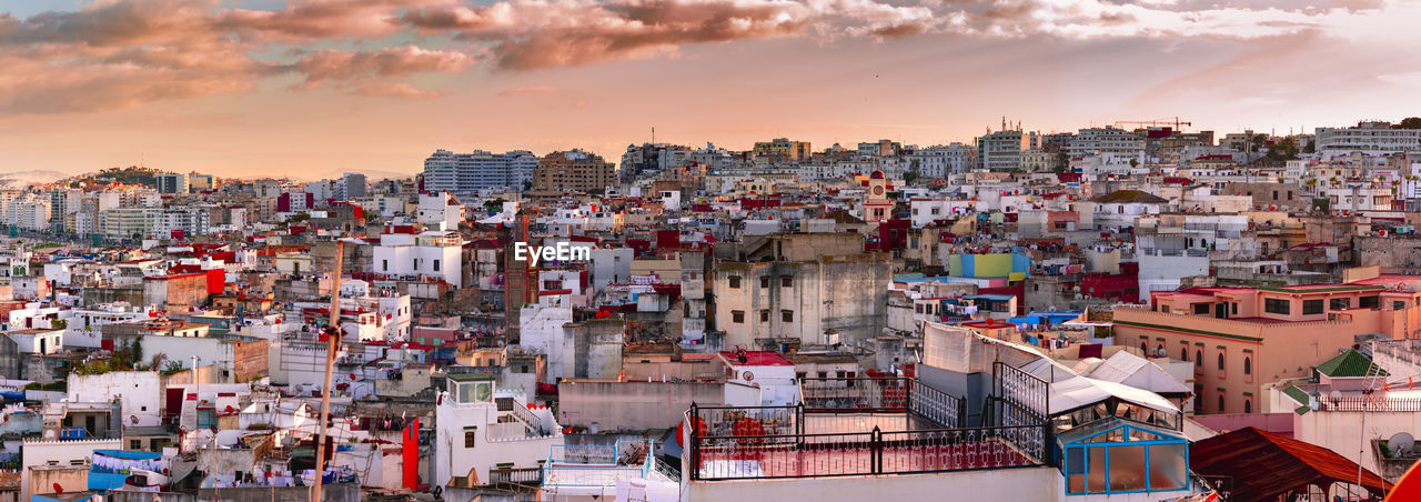 High angle view of townscape against sky during sunset