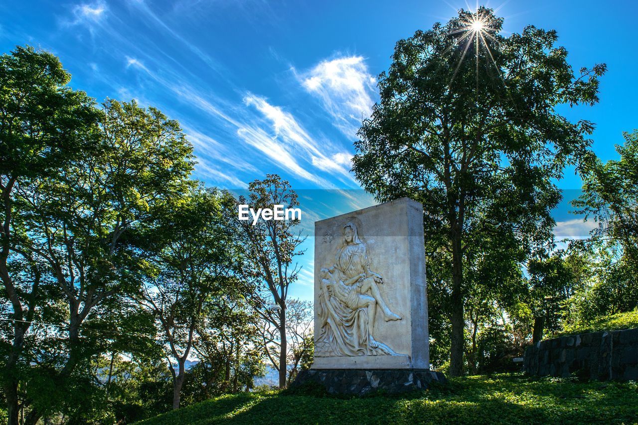 STATUE AGAINST TREES AND SKY