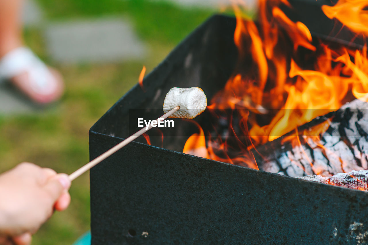 Cropped hand roasting food on burning fire