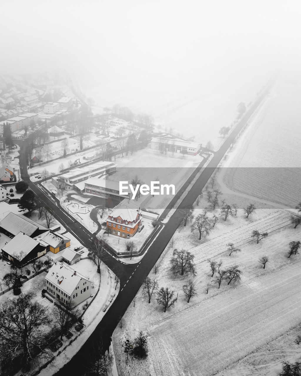 High angle view of snow covered road