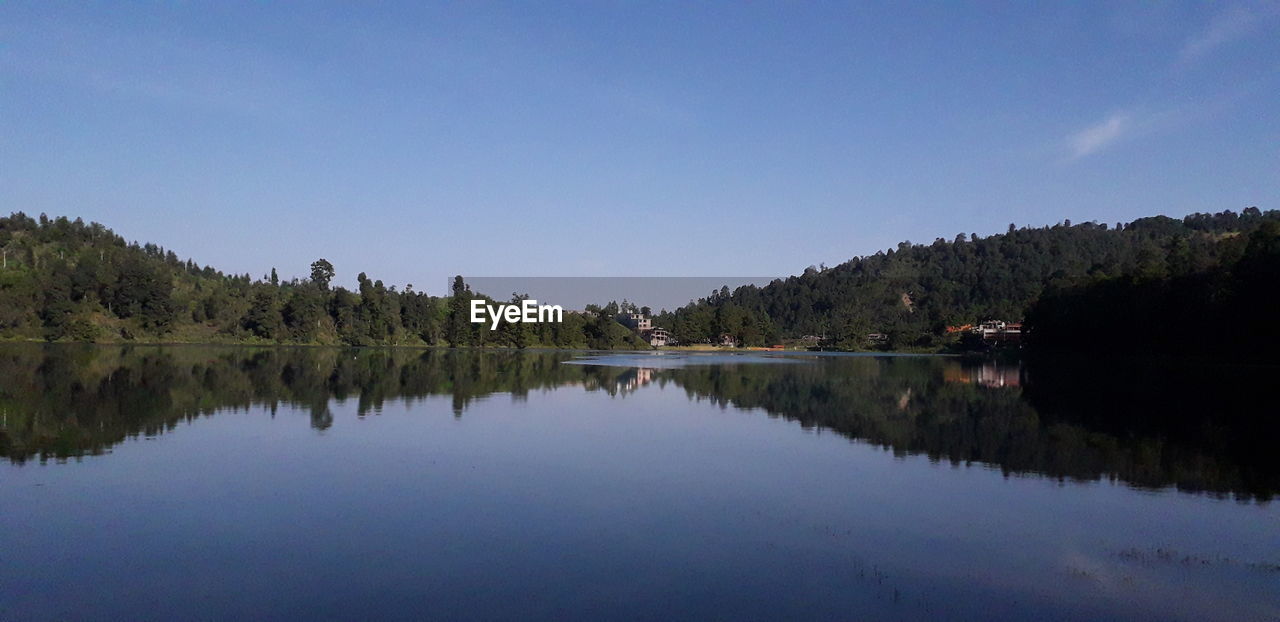 Scenic view of lake by trees against clear sky