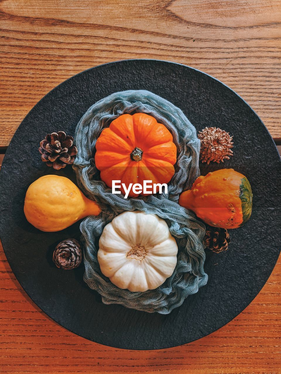 Background of autumn harvest of small orange different pumpkins on black plate close up. top view