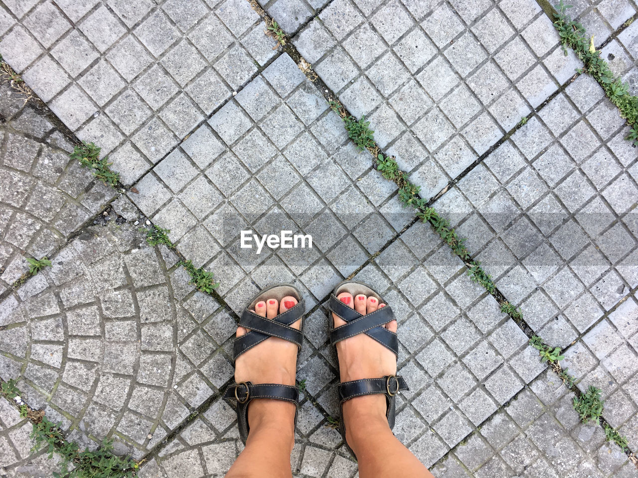 Low section of woman standing on footpath