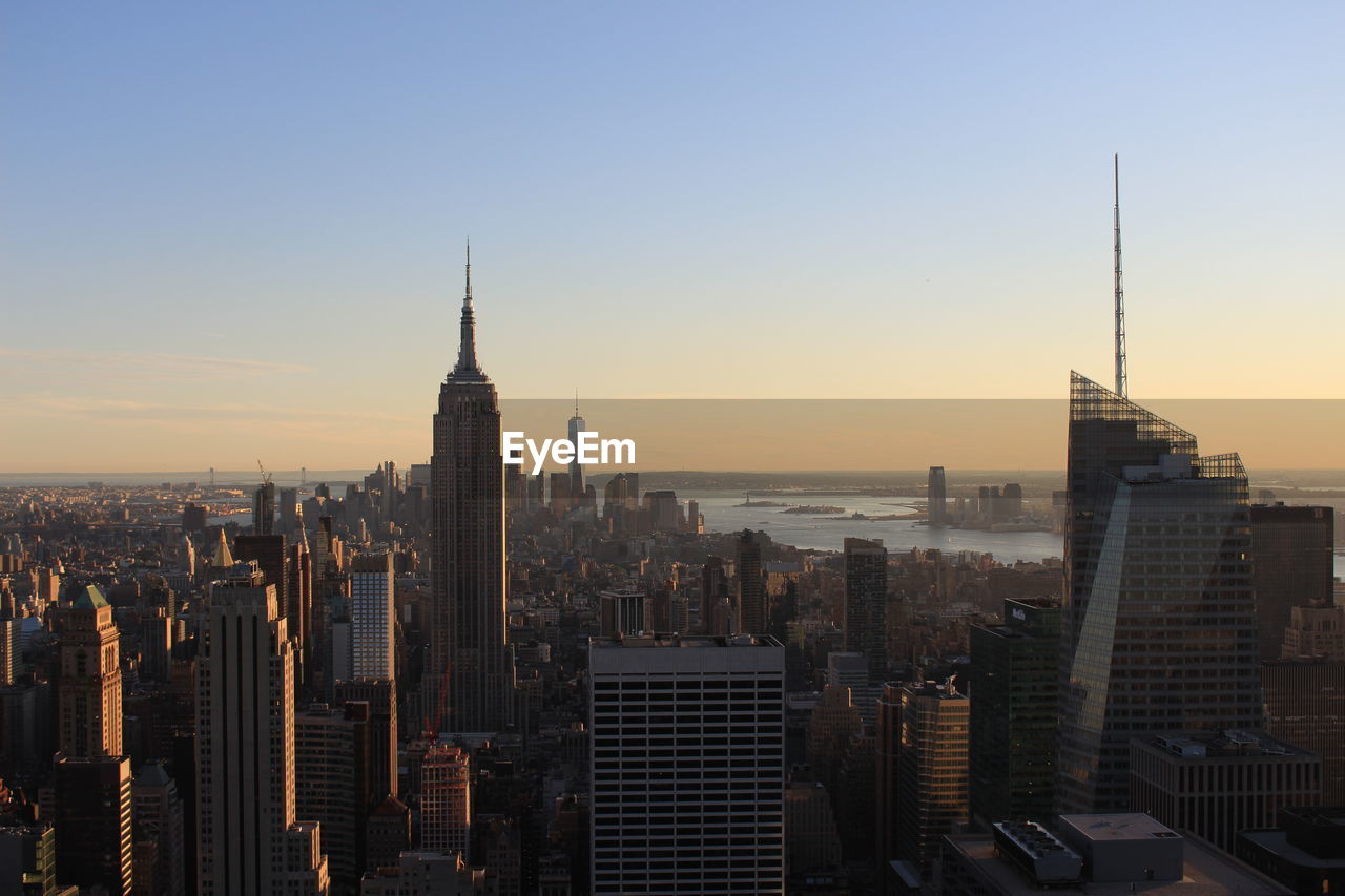 High angle view of cityscape during sunset