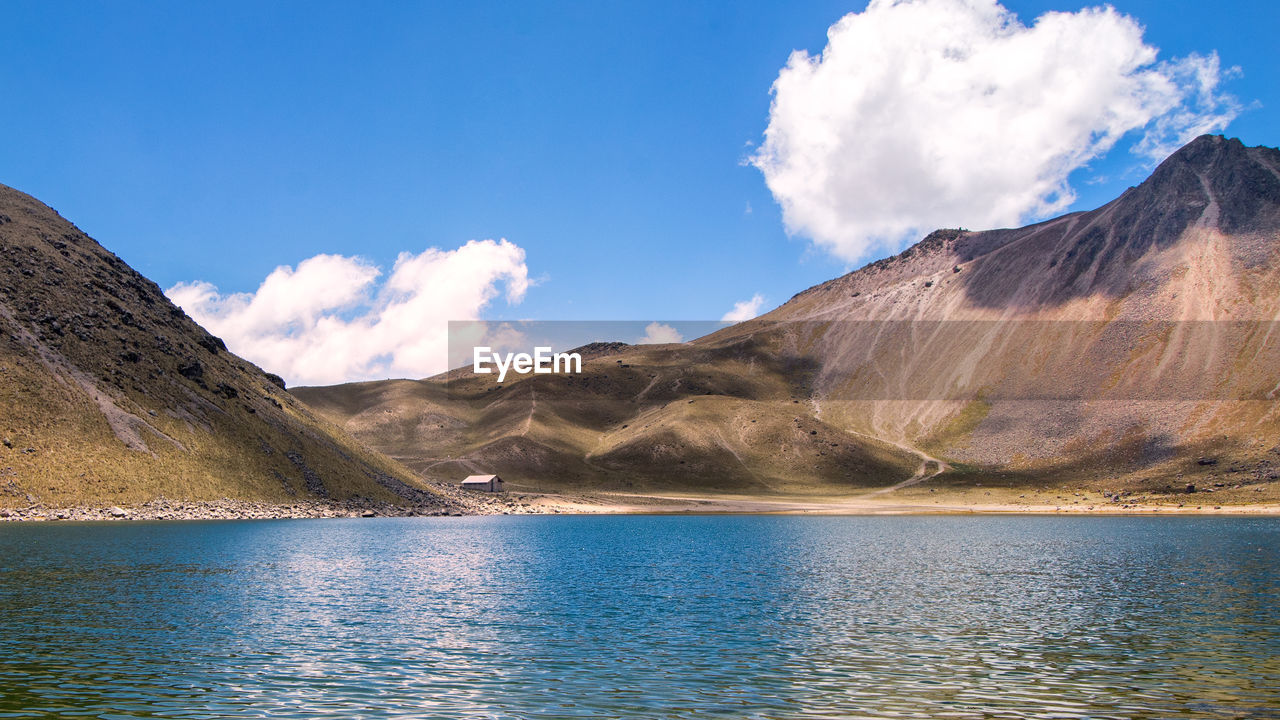 PANORAMIC VIEW OF LAKE AND MOUNTAINS AGAINST SKY