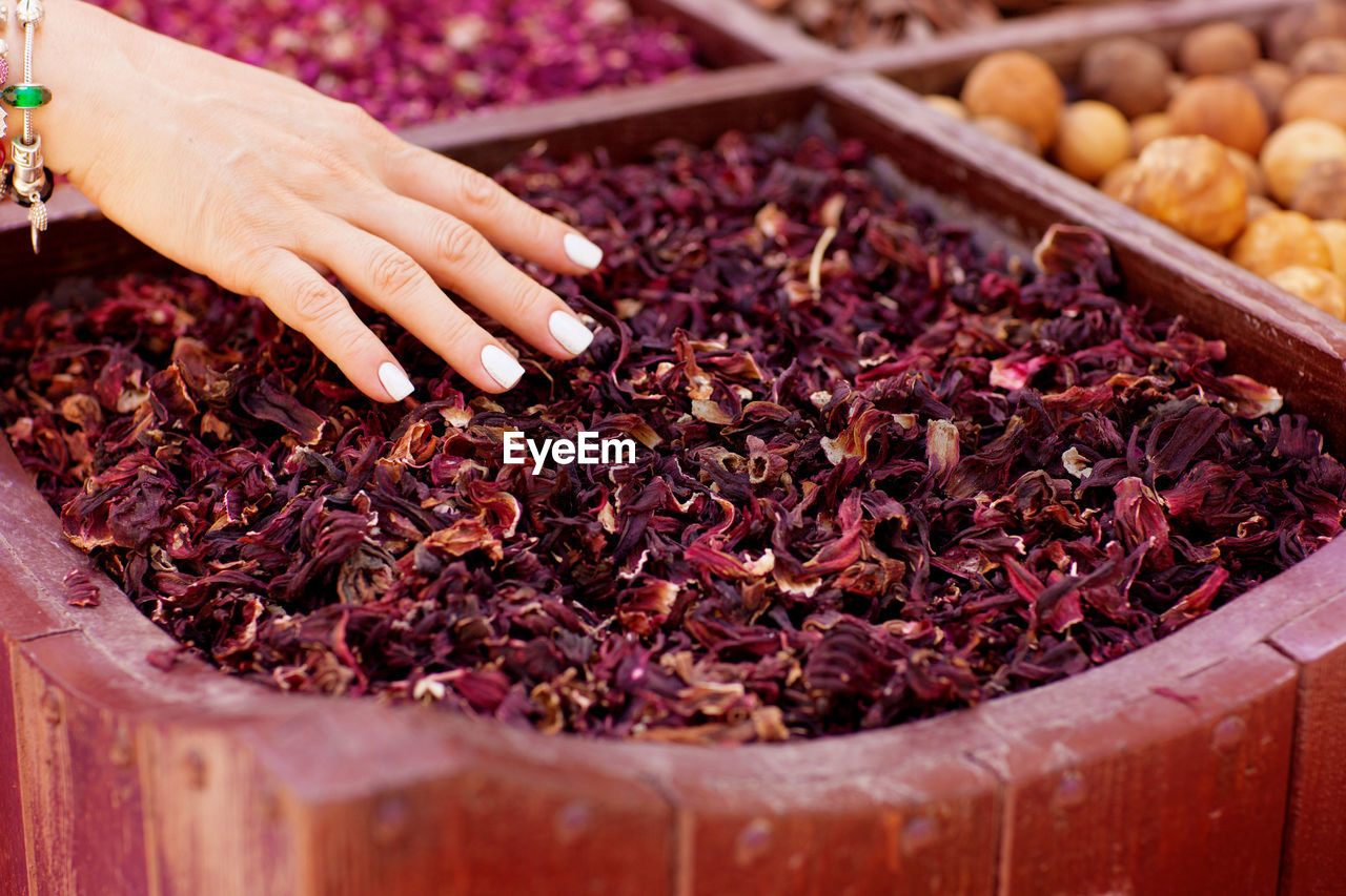 Large selection of different spices on the market, close-up