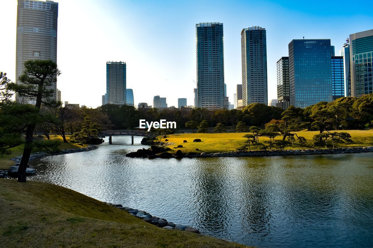 Lake by modern buildings against sky in city
