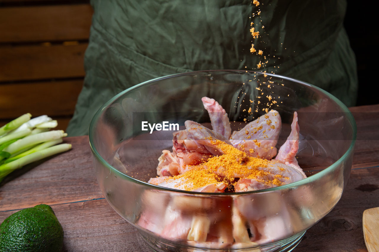 high angle view of food in bowl on table