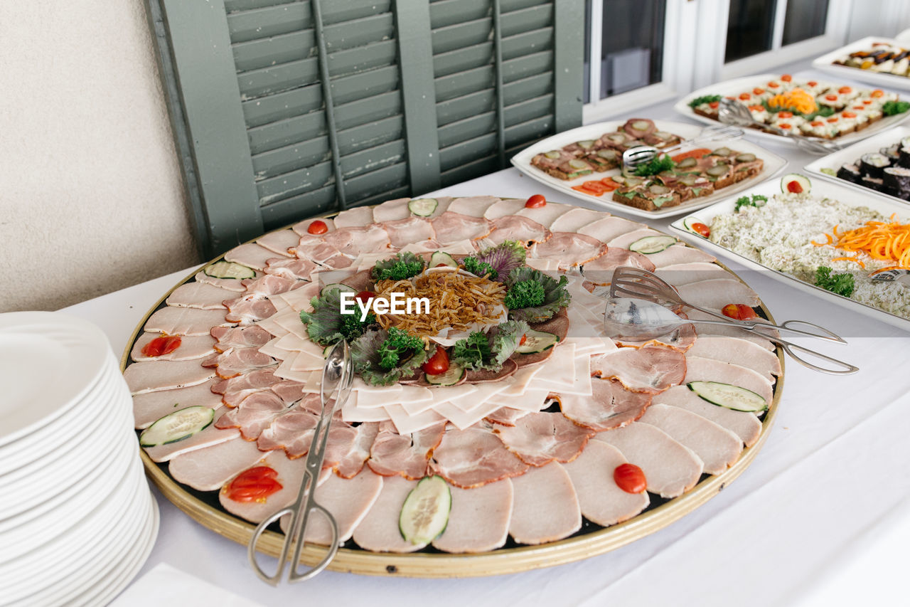 High angle view of food in plate on table