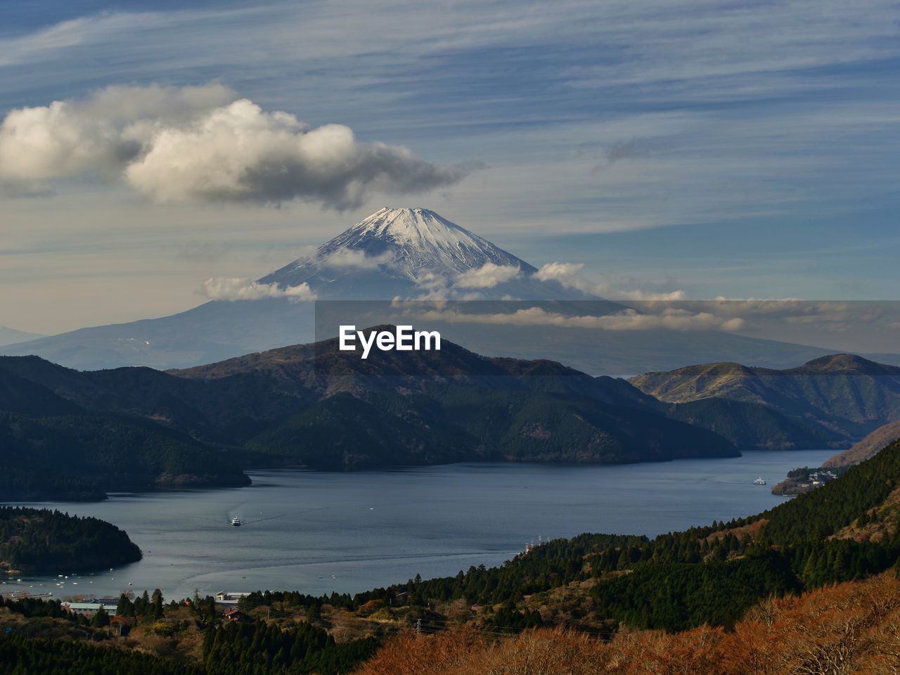 Scenic view of lake and mountains against sky