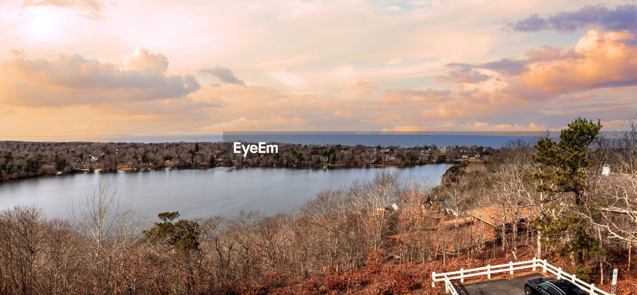 Skyline view of sunrise over scargo lake and the ocean from the scargo tower 