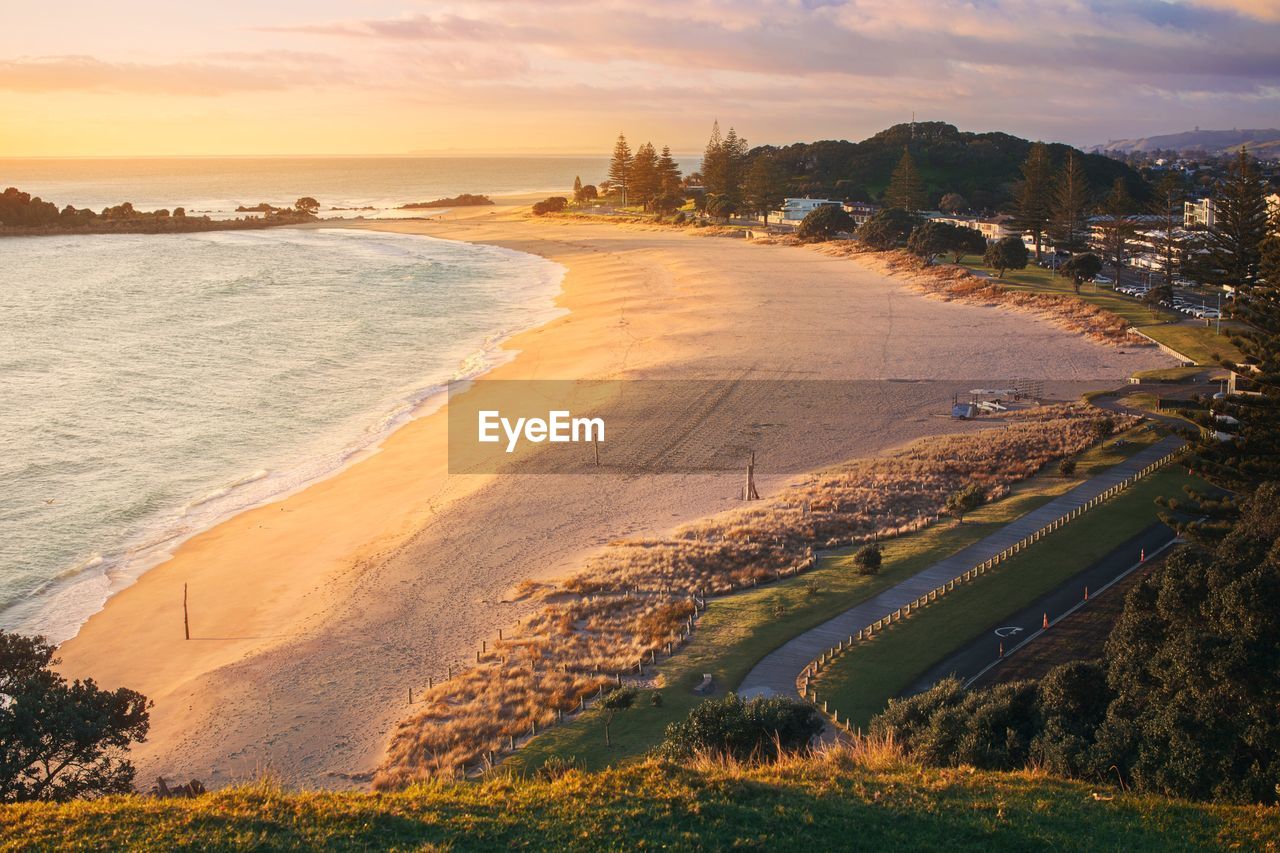 High angle view of sea against sky during sunset