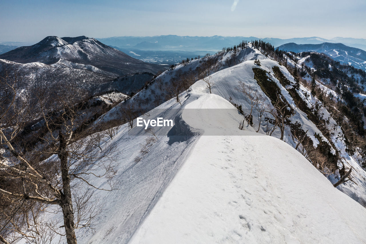 Scenic view of snow covered mountains against sky