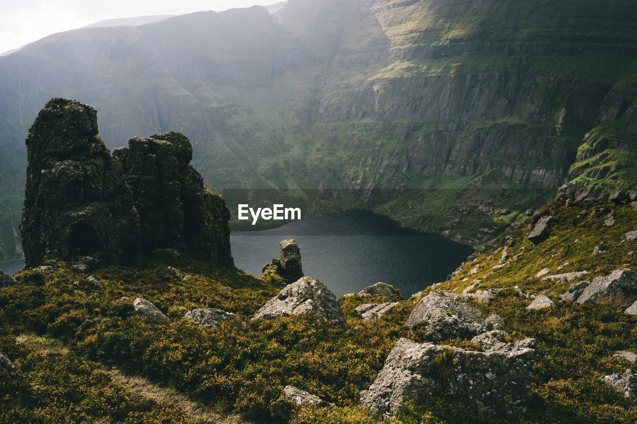 High angle view of lake by rocky mountains