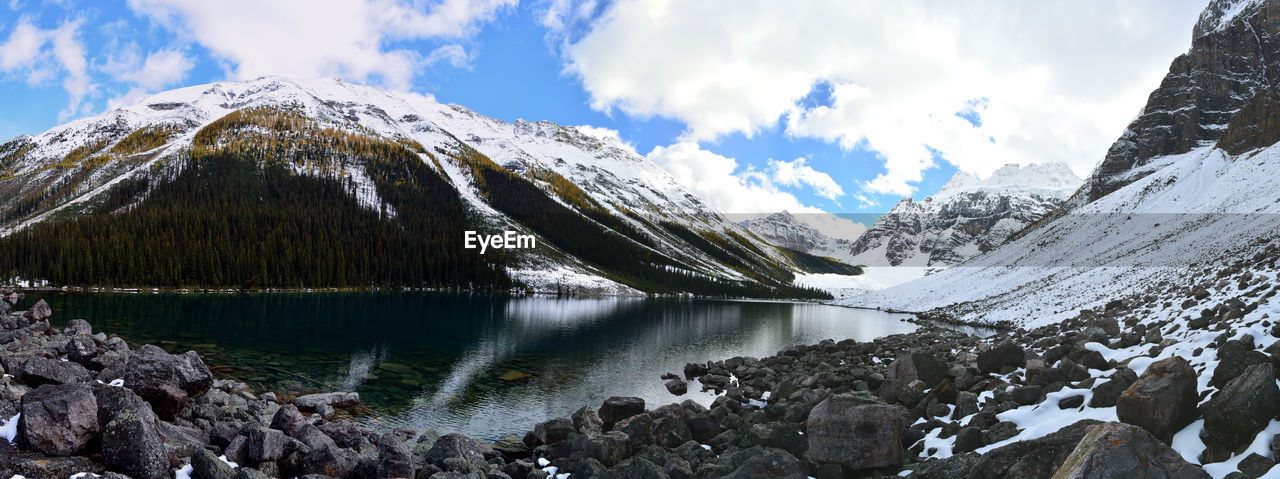 Panoramic view of snowcapped mountains and lake against sky