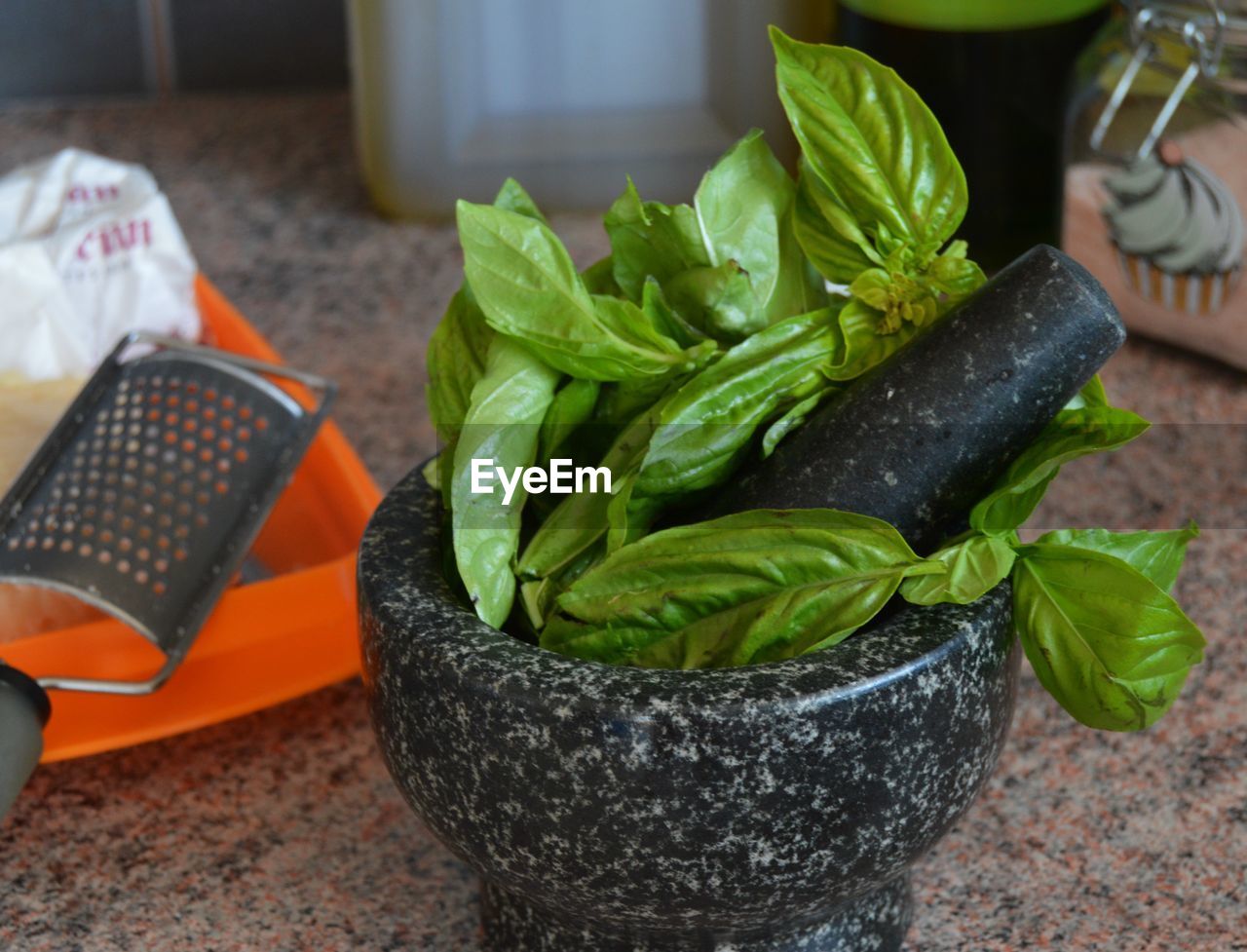 View of pesto ingredients and mortar