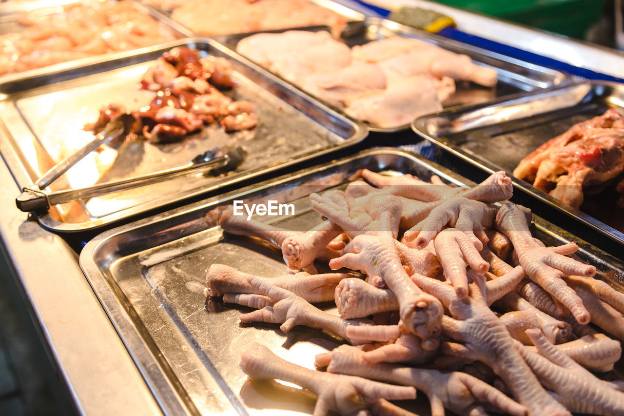 HIGH ANGLE VIEW OF MEAT COOKING ON BARBECUE