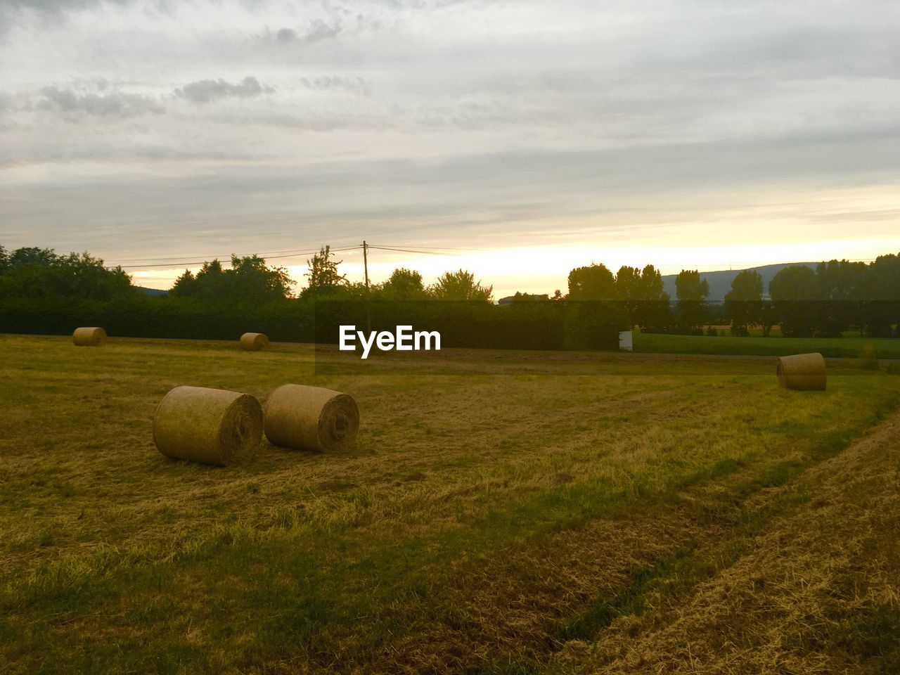 HAY BALES IN FIELD AGAINST SKY DURING SUNSET