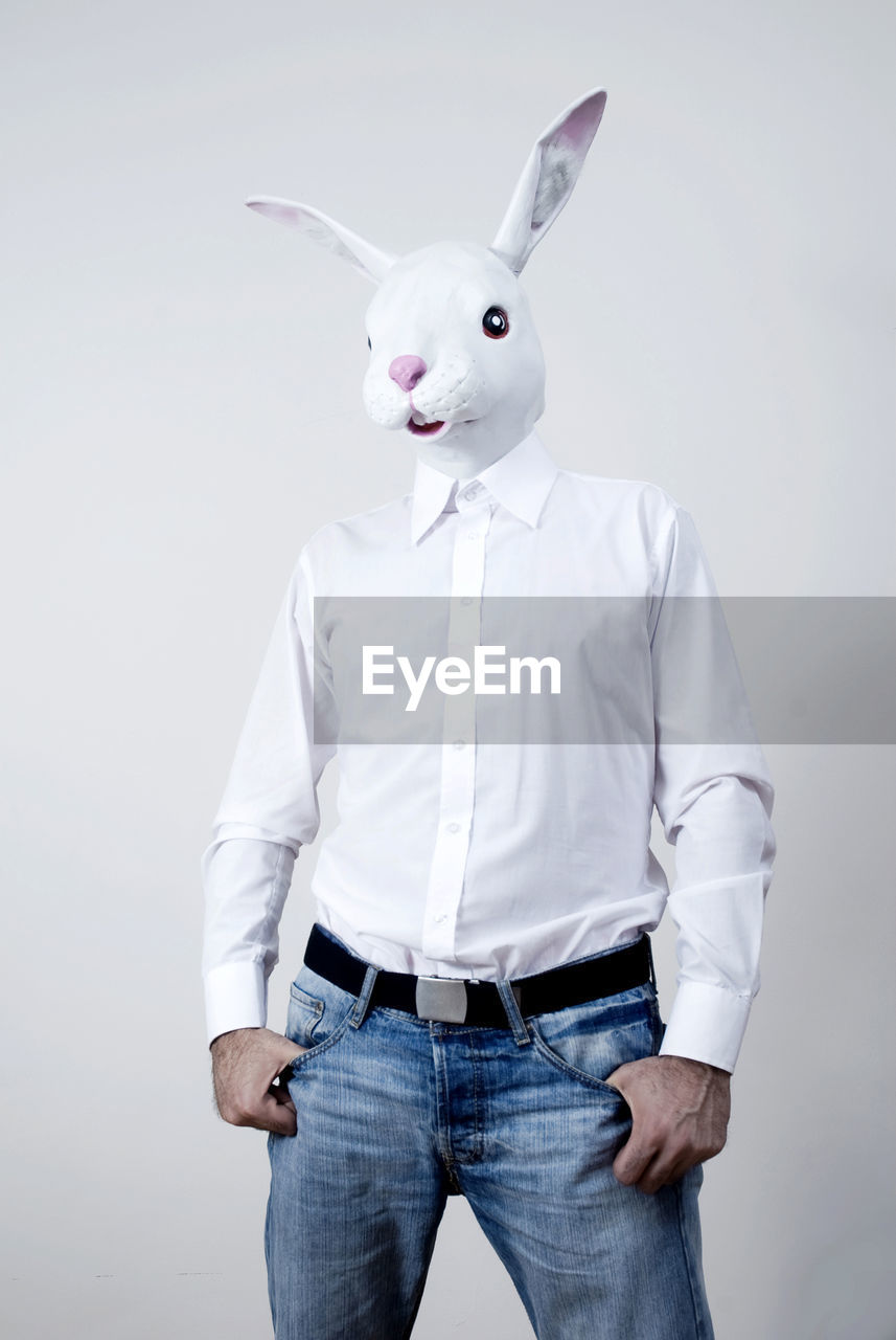 Man with rabbit mask against white background