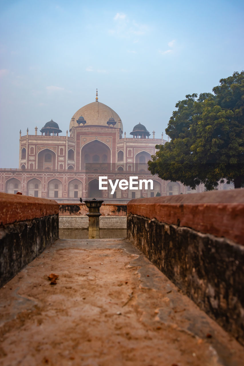 Humayun tomb exterior view at misty morning from unique perspective