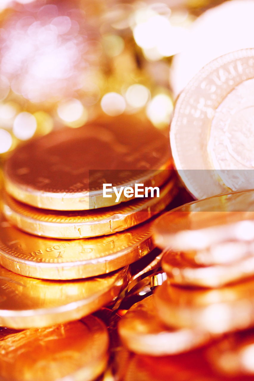 Close-up of gold chocolate coins