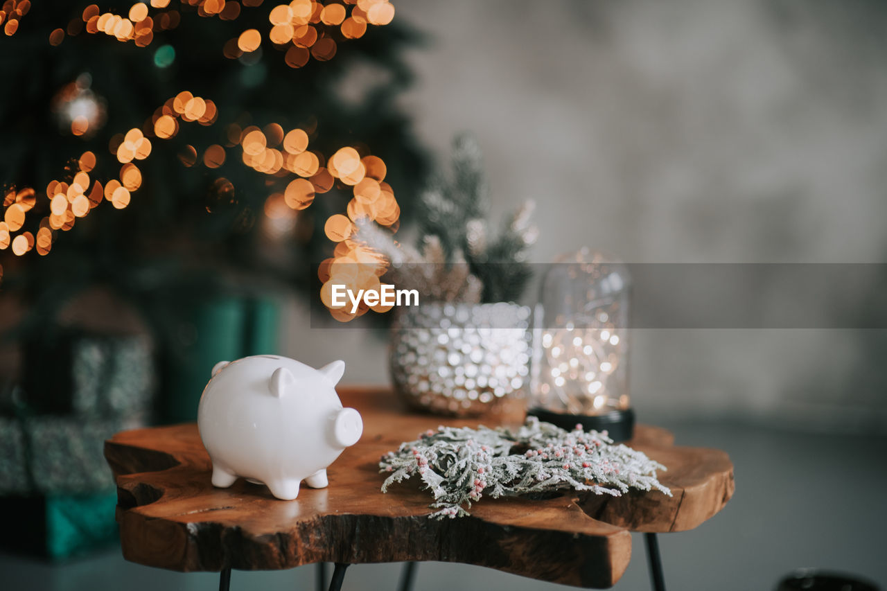 Close-up of christmas decoration on table