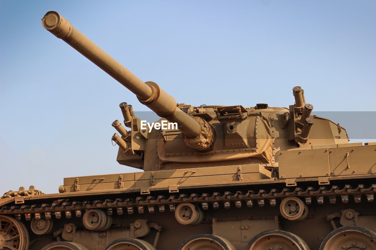 Low angle view of armored tank against clear sky