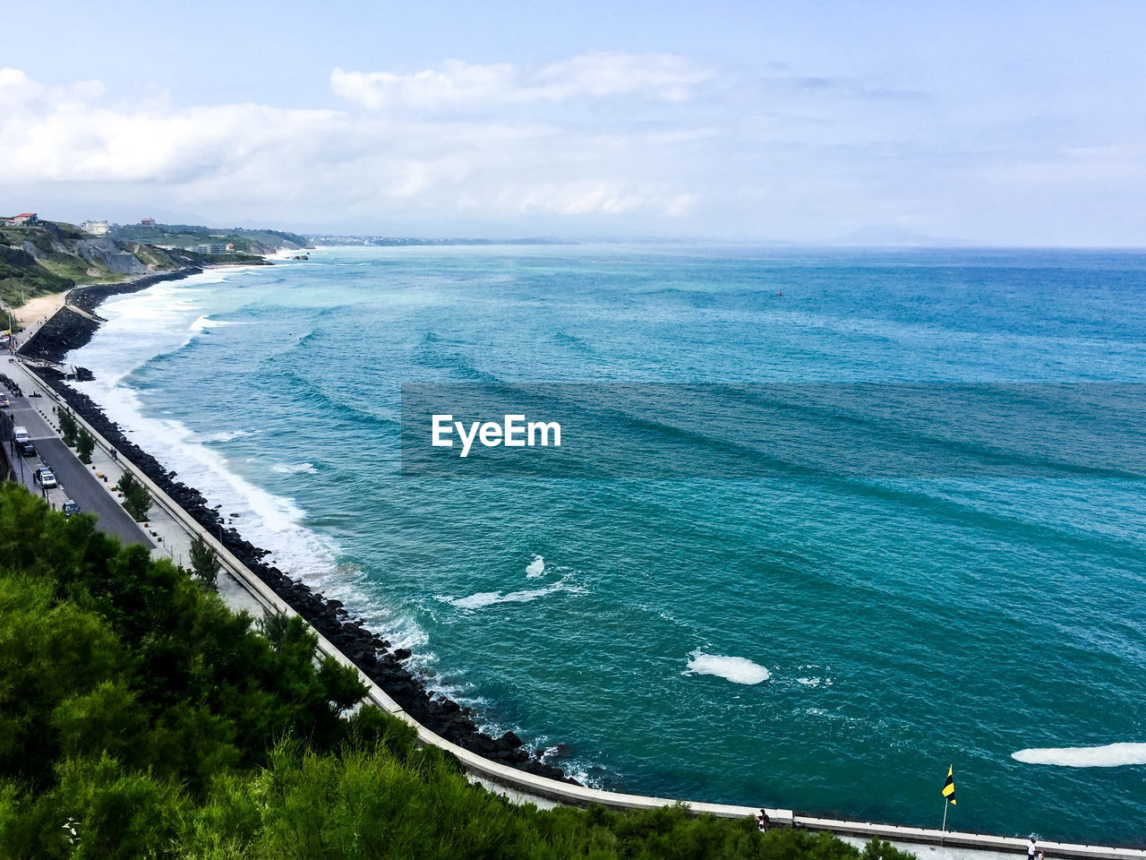 Aerial view of atlantic ocean in biarritz. beach cote des basques and seafront. basque country. 