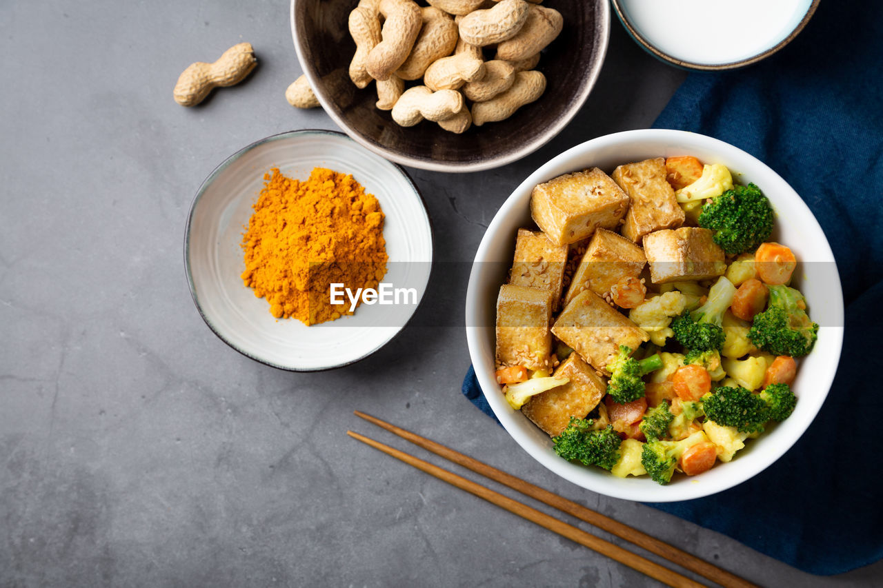 High angle view of food in bowls on table