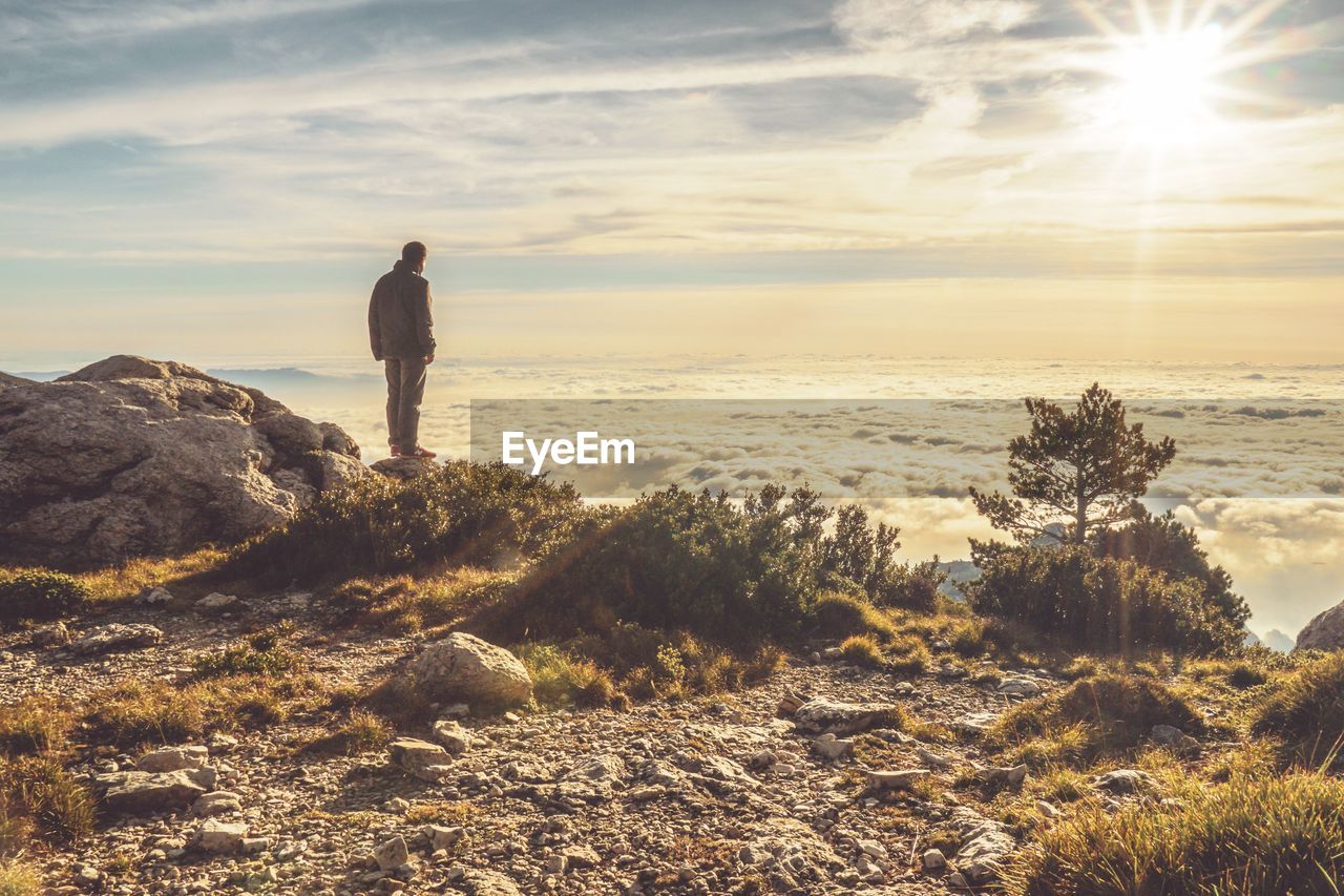 Rear view of man standing on rocky by cloudscape