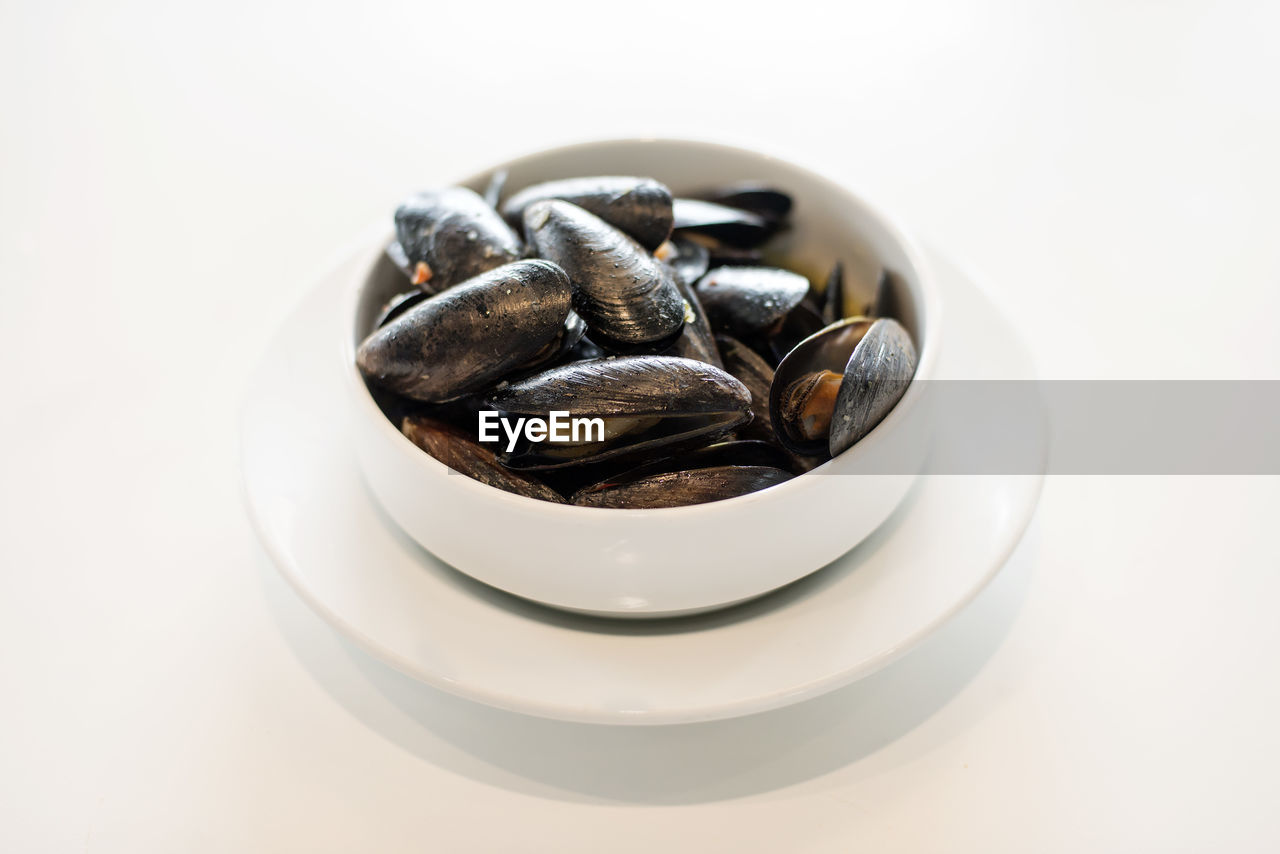 High angle view of mussels in bowl