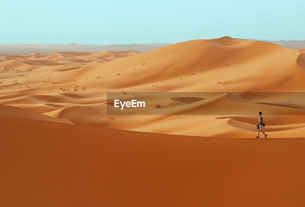 Man walking in desert on orange color duna edge