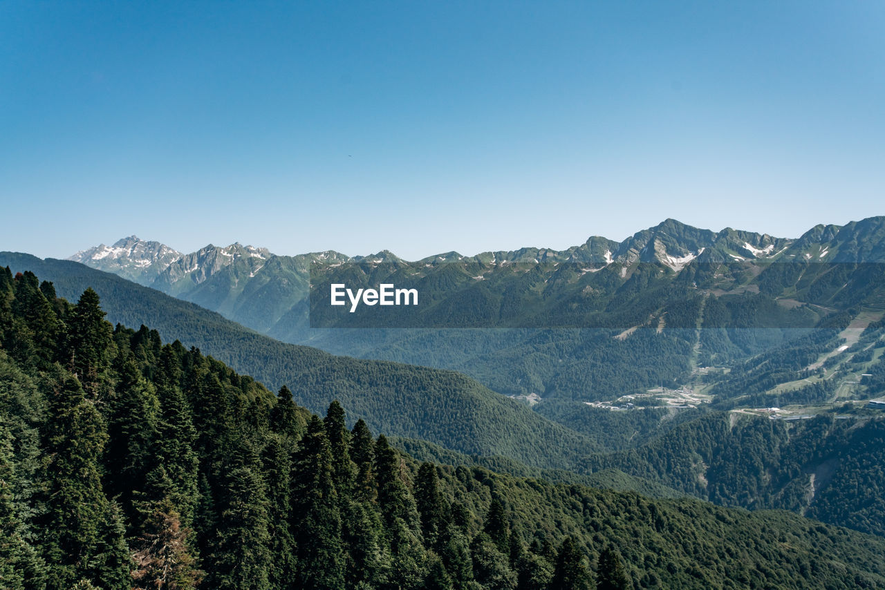 Panoramic view of mountains against clear blue sky