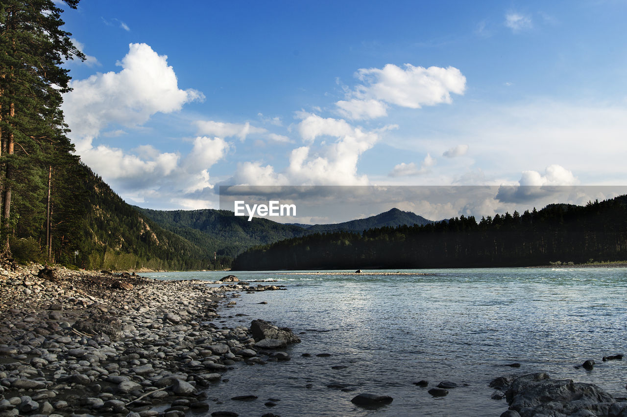 SCENIC VIEW OF LAKE BY MOUNTAINS AGAINST SKY