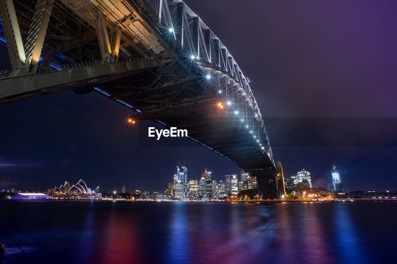 Sydney harbor bridge at night with sydney skyline building in background.long exposure shot.