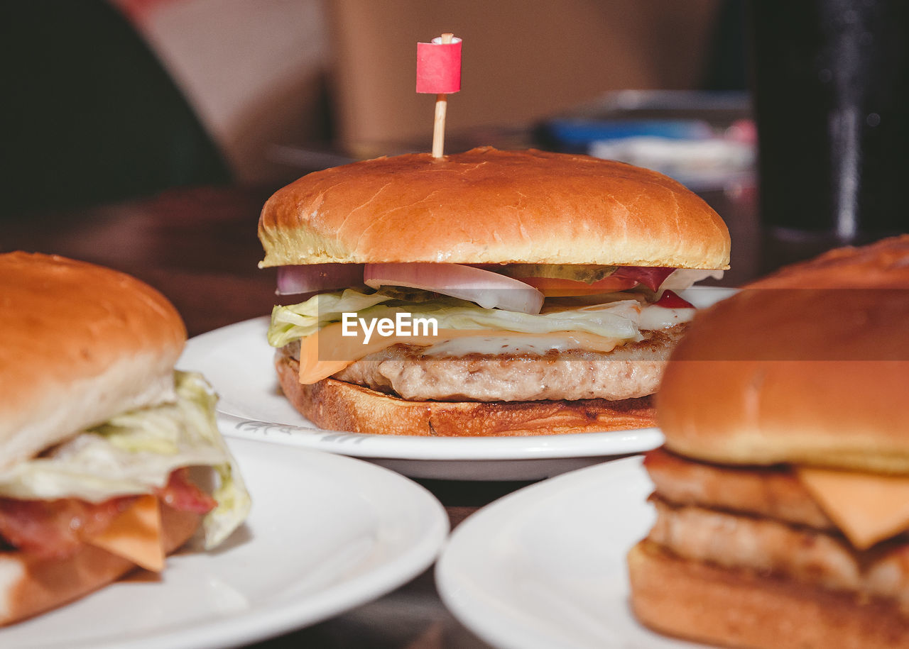 CLOSE-UP OF BURGER ON PLATE