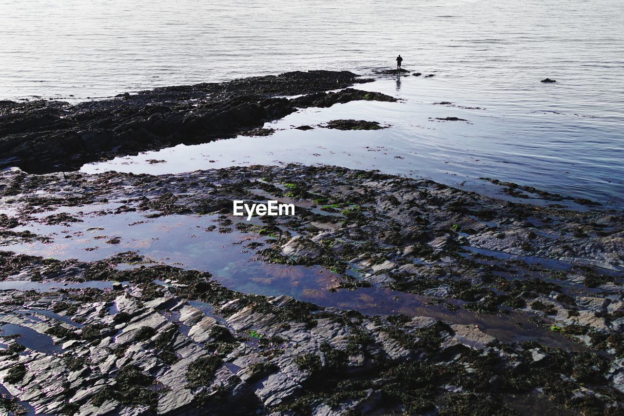 Distant view of man standing in sea