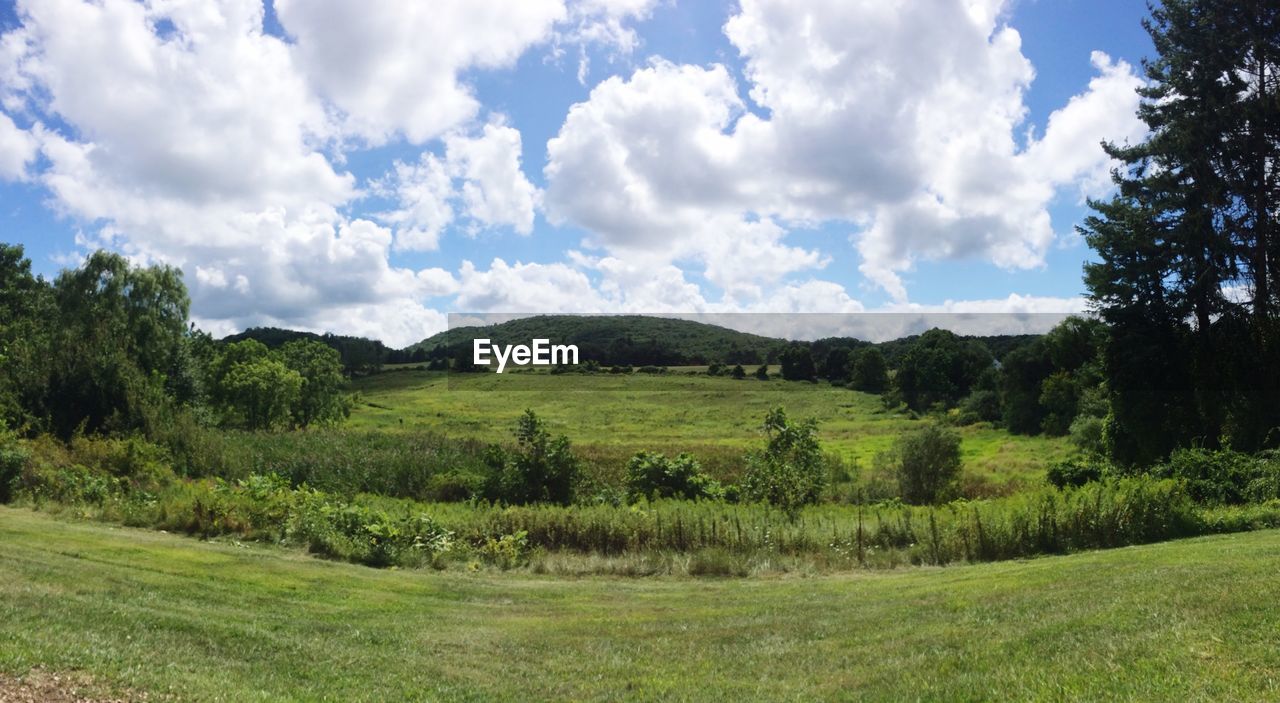 Scenic view of green landscape and hill against cloudy sky