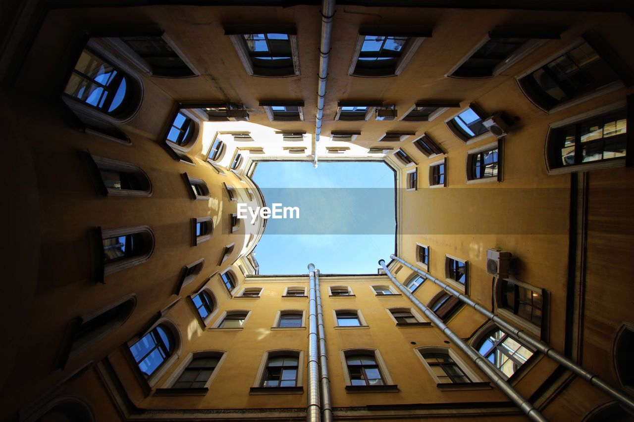 Directly below shot of building against clear sky