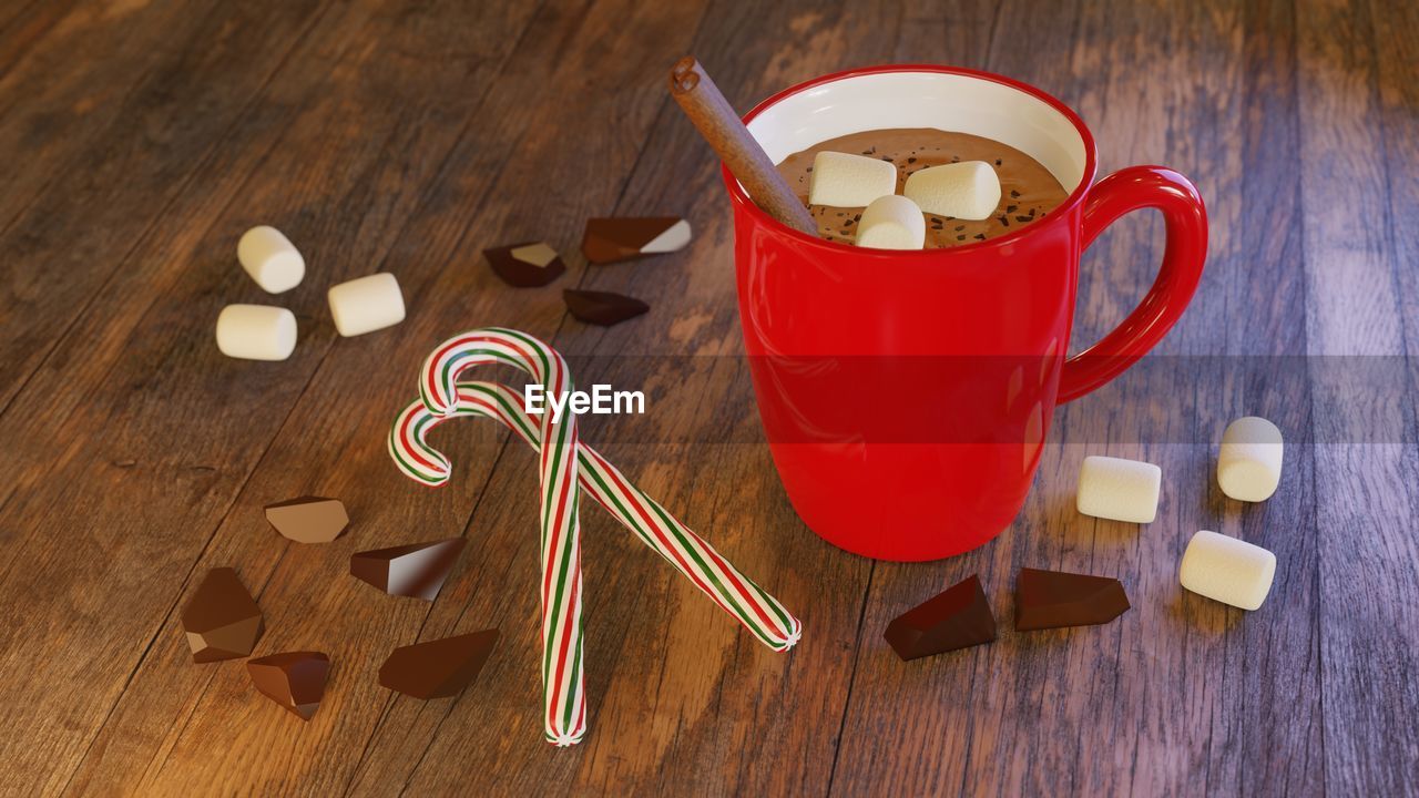 3d render. hot cocoa with marshmallows, cinnamon and candy canes. classic comfort food cold weather
