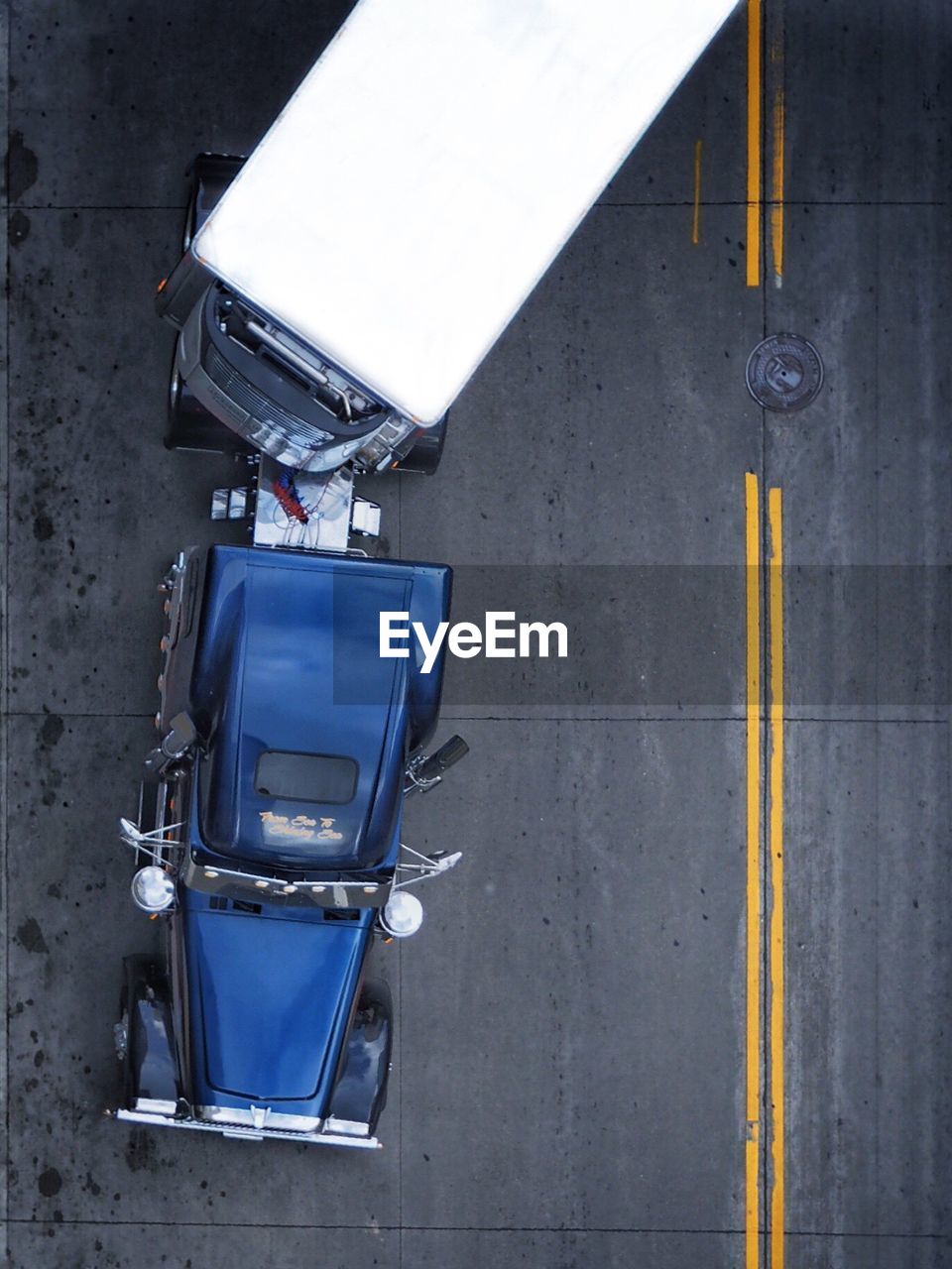 Directly above shot of semi-truck on road