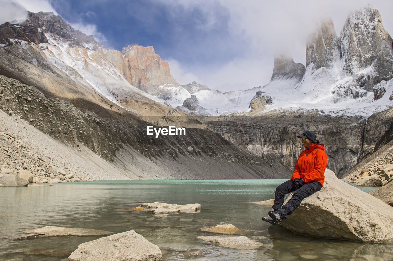 Female hiker at torres del paine national park, patagonia